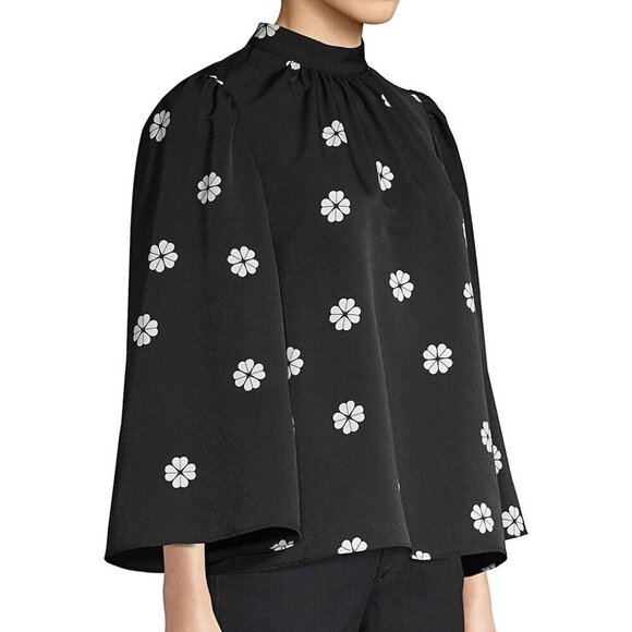 Kate Spade Blouse Womens Black Mock Neck Floral Puff Bell Sleeve Crepe Top - Picture 7 of 10